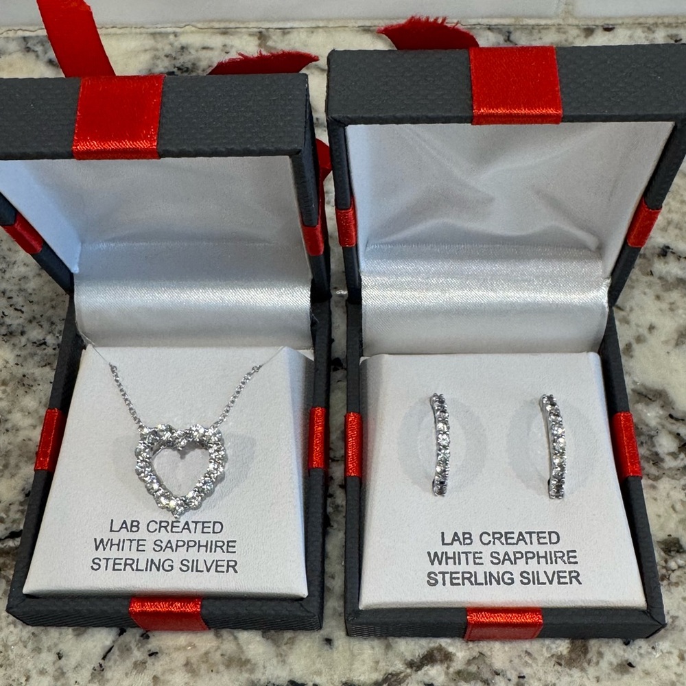 Sterling Silver LC White Sapphire Heart Necklace and Hoop Earrings NWT